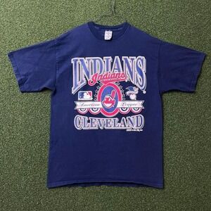Vintage 1999‎ Cleveland Indians MLB Navy Blue Graphic Baseball Tee Shirt